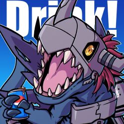 Rule 34 | armor, blue background, blue skin, blush, can, claws, colored skin, crossover, digimon, digimon (creature), digimon world, drink can, english text, highres, horns, mechanical arms, metalgreymon, metalgreymon (virus), open mouth, pepsi, pepsiman (game), ridgeone, sharp teeth, sign, soda, soda can, solo, tail, teeth, tongue, torn wings, twitter username, wings, yellow eyes