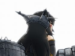 Rule 34 | 10s, 1girl, black hair, comic, headgear, kantai collection, long hair, looking at viewer, looking back, nagato (kancolle), red eyes, simple background, solo, tanaka kusao, white background