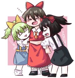 Rule 34 | &gt; &lt;, 3girls, arm hug, black footwear, black hair, black skirt, blue dress, blush, bow, closed eyes, collared shirt, colored skin, commentary request, cookie (touhou), daiyousei, diyusi (cookie), dress, flying sweatdrops, frilled bow, frills, full body, green hair, hair between eyes, hair bow, hakurei reimu, high ponytail, highres, long bangs, long hair, looking at another, multiple girls, necktie, noel (cookie), open mouth, orange necktie, pinafore dress, red bow, red eyes, red shirt, red skirt, shirt, shoes, siyudi (cookie), skirt, skirt set, sleeveless, sleeveless dress, sleeveless shirt, socks, standing, suspender skirt, suspenders, sznkrs, tongue, tongue out, touhou, traffic baton, umbrella, white background, white skin, white socks, yellow bow