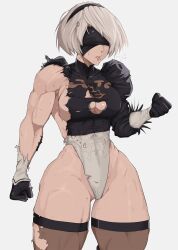Rule 34 | 1girl, black blindfold, black hairband, blindfold, cleavage cutout, clenched hands, closed mouth, clothing cutout, hairband, highleg, highleg leotard, highres, juliet sleeves, leotard, lips, long sleeves, muscular, muscular female, nier (series), nier:automata, puffy sleeves, short hair, simple background, solo, standing, sweat, thick thighs, thighhighs, thighs, torn clothes, torn leotard, torn thighhighs, white hair, yoracrab, 2b (nier:automata)