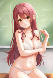 Rule 34 | 1girl, absurdres, blush, bra, breasts, brown hair, ca paria, chalkboard, classroom, cleavage, collarbone, commentary request, desk, highres, idolmaster, idolmaster shiny colors, indoors, large breasts, linea alba, long hair, looking at viewer, navel, on desk, osaki tenka, panties, revision, sitting, solo, straight hair, underwear, underwear only, very long hair, white bra, white panties