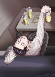 Rule 34 | 1boy, arm up, beer can, black eyes, black hair, can, casual, decoy00xx, drink can, expressionless, facial hair, facial scar, goatee, golden kamuy, hair slicked back, hair strand, head tilt, leg up, long sleeves, looking at viewer, looking back, male focus, ogata hyakunosuke, scar, scar on cheek, scar on face, shirt, short hair, solo, stubble, table, undercut, white shirt