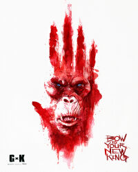 Rule 34 | angry, ape, artist request, bald, blood, bloody handprints, blue eyes, crossover, english text, facepaint, fangs, glowing, glowing eyes, godzilla (series), godzilla x kong: the new empire, gorilla, handprint, highres, kaijuu, king kong (series), legendary pictures, looking at viewer, monsterverse, movie poster, no humans, official art, orangutan, scar, scar across eye, scar on face, simple background, skar king, teaser poster, teeth, war paint, warner bros, white background