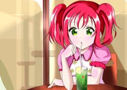 Rule 34 | 1girl, aqua eyes, artist name, artist request, blush, breasts, chair, cup, dress, drinking glass, drinking straw, drinking straw in mouth, elbow on table, female focus, flower print, green eyes, hair between eyes, kurosawa ruby, looking at viewer, love live!, love live! sunshine!!, on chair, parted lips, puffy short sleeves, puffy sleeves, red hair, short hair, short sleeves, sitting, smile, solo, table, twintails, two side up, upper body, white dress, wing collar