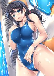 Rule 34 | 1girl, black hair, blue eyes, breasts, cameltoe, cleavage, collarbone, commentary request, competition swimsuit, cowboy shot, dutch angle, hair between eyes, kickboard, large breasts, long hair, lying, mizuhara yuu, on back, one-piece swimsuit, open mouth, original, ponytail, poolside, sideboob, solo, swimsuit