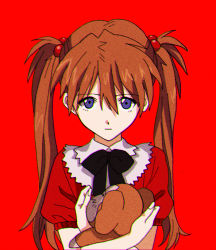 Rule 34 | 1girl, aged down, alternate hairstyle, black ribbon, blue eyes, closed mouth, holding, kvzt7785, looking at viewer, medium hair, neon genesis evangelion, neon genesis evangelion (manga), orange hair, red background, ribbon, simple background, solo, souryuu asuka langley, standing, stuffed animal, stuffed monkey, stuffed toy, twintails