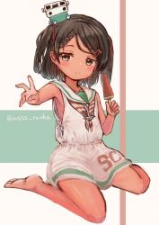 Rule 34 | 1girl, barefoot, black eyes, black hair, braid, brown hair, commentary request, dessert, dress, food, full body, hair ornament, hairclip, headgear, holding, holding food, kantai collection, looking at viewer, mole, mole under eye, neckerchief, popsicle, sailor collar, sailor dress, scirocco (kancolle), short hair, simple background, sitting, sleeveless, sleeveless dress, solo, striped, tan, tanline, twitter username, two-tone background, two side up, wariza, watermelon bar, white dress, white sailor collar, wss (nicoseiga19993411)
