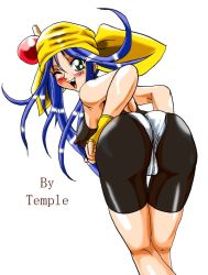 Rule 34 | 1990s (style), 1girl, ass, bandana, bare shoulders, blue hair, blush, bodysuit, breasts, cameltoe, cleft of venus, covered erect nipples, fangs, fingerless gloves, from behind, gloves, green eyes, leaning, leaning forward, lime (saber j), long hair, looking at viewer, one eye closed, open mouth, retro artstyle, saber marionette j, shiny clothes, shiny skin, sideboob, smile, solo, spandex, temple (artist), very long hair, wink
