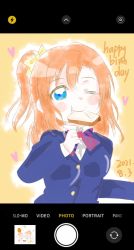 Rule 34 | 1girl, ;), artist name, artist request, blue cardigan, blue eyes, blue jacket, blush, bow, bowtie, bread, breasts, cardigan, cellphone, cellphone photo, close-up, collared shirt, female focus, food, hair between eyes, hair bow, highres, holding, jacket, kosaka honoka, long hair, long sleeves, looking at viewer, love live!, love live! school idol project, mouth hold, napkin, napkin holder, one eye closed, orange background, orange hair, otonokizaka school uniform, parted lips, phone, ponytail, red bow, school uniform, shirt, side ponytail, small breasts, smile, solo, striped, striped bow, upper body, white shirt, wink, yellow bow