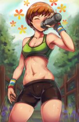 Rule 34 | 1girl, absurdres, black shorts, blue sky, blush, bottle, brown hair, cleavage, commentary, cowboy shot, drinking, closed eyes, fence, flower (symbol), grass, highres, navel, persona, persona 4, satonaka chie, short hair, shorts, skindentation, sky, solo, sports bra, stomach, sweat, thighs, toasty scones, tree, water bottle, wrist cuffs