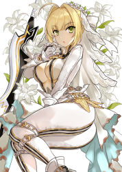 Rule 34 | 10s, 1girl, aestus estus, ahoge, asle, belt, bodysuit, breasts, bridal veil, center opening, chain, commentary request, fate/extra, fate/extra ccc, fate (series), flower, from side, full-length zipper, green eyes, hair between eyes, hair intakes, head wreath, large breasts, leotard, lily (flower), lock, loose belt, nero claudius (bride) (fate), nero claudius (fate), nero claudius (fate) (all), open mouth, padlock, showgirl skirt, sitting, solo, strapless, strapless leotard, sword, unzipped, veil, weapon, white bodysuit, white leotard, wreath, zipper, zipper pull tab