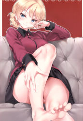 Rule 34 | 10s, 1girl, absurdres, barefoot, black skirt, blonde hair, blue eyes, blush, braid, breasts, cle masahiro, commentary, convenient leg, couch, darjeeling (girls und panzer), feet, french braid, girls und panzer, hand on own cheek, hand on own face, highres, jacket, legs, long sleeves, looking at viewer, medium breasts, military, military jacket, military uniform, outline, outstretched foot, pleated skirt, red background, scan, short hair, sitting, skirt, smile, soles, solo, st. gloriana&#039;s military uniform, thighs, toes, uniform