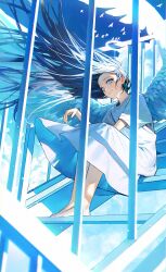 Rule 34 | 1girl, angel, angel wings, bird, black hair, blue eyes, blue sky, closed mouth, day, dress, feathered wings, halo, highres, long hair, looking at viewer, on (onon2659), original, outdoors, railing, sitting, sitting on stairs, sky, smile, solo, stairs, white dress, wings