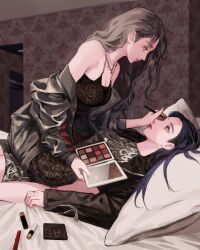 Rule 34 | 2girls, aespa, applying makeup, blue eyes, blue hair, breasts, closed mouth, clothes hanger, commentary, dress, grey hair, grey jacket, hashtag only commentary, heart, heart necklace, highres, indoors, jacket, jewelry, karina (aespa), kim srm, lesbians doing makeup (meme), long hair, looking at another, lying, medium breasts, meme, mole, mole under eye, multiple girls, necklace, off shoulder, on back, on bed, open clothes, open jacket, pillow, sleeveless, sleeveless dress, straddling, twitter username, winter (aespa), yuri