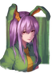 Rule 34 | 1girl, alternate costume, animal ears, bamboo, bamboo forest, border, breasts, commentary request, eyeshadow, forest, green shirt, hair between eyes, lips, lipstick, long hair, looking at viewer, makeup, medium breasts, nature, necktie, pink eyes, pink eyeshadow, pink lips, puffy short sleeves, puffy sleeves, purple hair, rabbit ears, re (re 09), reisen udongein inaba, shirt, short sleeves, sidelocks, smile, solo, touhou, upper body, white border, wing collar, yellow necktie