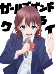 Rule 34 | 1girl, blazer, blue eyes, blue jacket, blush, bow, bowtie, brown hair, cocoharu, collared shirt, commentary, copyright name, dress shirt, girls band cry, hand up, highres, holding, holding microphone, iseri nina, jacket, looking at viewer, low twintails, microphone, open clothes, open jacket, open mouth, red bow, red bowtie, school uniform, shirt, short hair, short twintails, simple background, solo, teeth, translated, twintails, upper body, white background, white shirt
