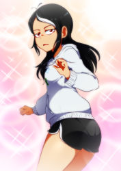 Rule 34 | 1girl, antenna hair, black hair, borrowed character, breasts, from behind, frown, highres, jcm2, looking back, medium hair, multicolored hair, open mouth, original, short shorts, shorts, small breasts, solo, sparkle, streaked hair, sweater, two-tone hair, unamused, white hair