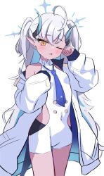 Rule 34 | 1girl, ;o, ahoge, blue archive, blue halo, blue horns, blue necktie, blush, breasts, commentary request, covered navel, dark-skinned female, dark skin, halo, highres, horns, jacket, long hair, looking at viewer, necktie, nonddu, one eye closed, open mouth, orange eyes, simple background, small breasts, solo, sumomo (blue archive), white background, white hair, white jacket