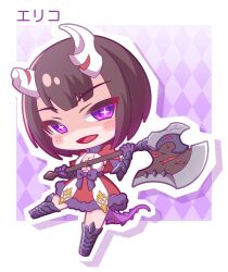 1girl :d absurdres argyle_background armored_boots axe black_hair blush_stickers boots breasts capelet chibi cleavage commentary_request eriko_(princess_connect!) full_body fur-trimmed_skirt fur_trim gloves highres holding holding_axe horns knee_boots large_breasts looking_at_viewer open_mouth outline princess_connect! purple_eyes purple_gloves red_capelet red_skirt saishosaisekojo skirt smile solo spiked_tail tail vambraces white_outline