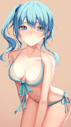 Rule 34 | 1girl, alternate breast size, bare arms, bare shoulders, bikini, blue bikini, blue eyes, blue hair, blue scrunchie, blush, breasts, brown background, closed mouth, collarbone, commentary, english commentary, hair between eyes, hair ornament, hair scrunchie, highres, hololive, hoshimachi suisei, jinnnnnn23, leaning forward, long hair, looking at viewer, medium breasts, navel, nose blush, scrunchie, side-tie bikini bottom, side ponytail, simple background, solo, swimsuit, virtual youtuber