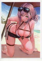 Rule 34 | 1girl, absurdres, akasaai, all fours, arm support, bare shoulders, barefoot, beach, beach umbrella, bikini, blue sky, blush, bow, bowtie, breasts, cleavage, closed mouth, cloud, cloudy sky, day, eyewear on head, green eyes, highres, hololive, large breasts, medium hair, mole, mole on breast, ocean, outdoors, palm tree, scan, scrunchie, shiny skin, shirogane noel, shirogane noel (summer 2020), simple background, sky, smile, solo, sunglasses, sweat, sweatdrop, swimsuit, thigh strap, thighs, toes, tree, umbrella, virtual youtuber, water, white hair, wrist scrunchie