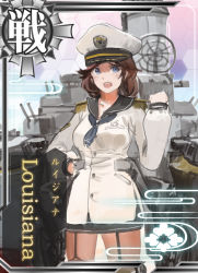 Rule 34 | 10s, 1girl, blue eyes, brown hair, card (medium), card parody, character name, garter straps, hat, jeanex, kantai collection, long sleeves, looking at viewer, military, military hat, military uniform, naval uniform, neckerchief, original, pacific (kancolle), solo, thighhighs, translation request, uniform, united states, united states navy, uss louisiana, uss louisiana (pacific)
