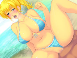 Rule 34 | 1boy, 1girl, beach, bikini, bikini bottom aside, blond daisuki!, blonde hair, blue bikini, blue eyes, blush, breasts, censored, character request, cleavage, clothed female nude male, clothing aside, cowgirl position, dutch angle, front-tie bikini top, front-tie top, girl on top, hetero, hip focus, large breasts, legs, lips, long hair, looking at viewer, lying, mosaic censoring, nude, ocean, on back, open mouth, outdoors, ponytail, pussy, pussy juice, sex, sitting, sitting on person, spread legs, straddling, striped bikini, striped clothes, swimsuit, thighs, vaginal, water, yoko juusuke