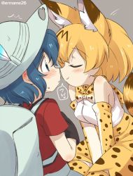 Rule 34 | 10s, 2girls, animal ears, backpack, bag, blush, bow, bowtie, elbow gloves, eromame, closed eyes, gloves, hat, hat feather, kaban (kemono friends), kemono friends, mu (swag01), multiple girls, noses touching, serval (kemono friends), serval print, serval tail, smile, tail, yuri