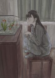 Rule 34 | 1girl, absurdres, brown eyes, brown hair, closed eyes, curtains, fish, fish tank, from side, goldfish, hands on own knees, highres, indoors, kotoshino, long hair, long sleeves, looking at object, no shoes, on chair, original, pajamas, socks, solo, wooden chair, wooden floor