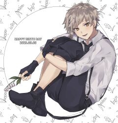 Rule 34 | 1boy, black footwear, black necktie, black pants, bungou stray dogs, collared shirt, dated, full body, grey hair, happy birthday, highres, holding, looking at viewer, male focus, nakajima atsushi (bungou stray dogs), necktie, open mouth, pants, pants rolled up, shirt, shoes, short hair, sitting, smile, solo, suspenders, totomuraakat, white background, white shirt, yellow eyes