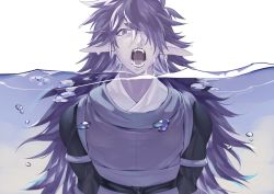 Rule 34 | fengxi (the legend of luoxiaohei), hair over one eye, long hair, looking at viewer, open mouth, partially submerged, pointy ears, purple eyes, purple hair, rkp, sharp teeth, signature, solo, teeth, luo xiaohei zhanji, underwater, upper body, wet