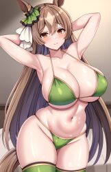 Rule 34 | 1girl, absurdres, animal ears, arms behind head, arms up, bikini, blush, breasts, brown hair, cleavage, closed mouth, commentary request, cowboy shot, green bikini, green thighhighs, groin, hair between eyes, highres, horse ears, horse girl, horse tail, huge breasts, long hair, looking at viewer, mitomumitomu, navel, orange eyes, satono diamond (umamusume), smile, solo, swimsuit, tail, tareme, thighhighs, umamusume