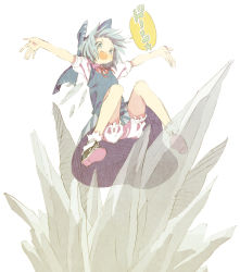Rule 34 | 1girl, :d, abara heiki, alternate footwear, arms up, black footwear, bloomers, blue bow, blue dress, blue eyes, blue hair, bow, cirno, collared shirt, dot nose, dress, fang, floating, from below, full body, hair bow, hair ornament, ice, ice wings, looking away, neck ribbon, open hands, open mouth, outstretched arms, polka dot, puffy short sleeves, puffy sleeves, red ribbon, ribbon, shirt, shoe soles, shoes, short hair, short sleeves, smile, sneakers, socks, solo, speech bubble, star (symbol), tareme, touhou, underwear, v-shaped eyebrows, white background, white bloomers, white shirt, white socks, wings