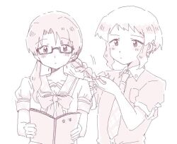 Rule 34 | 2girls, blush, book, bow, bowtie, braid, breast pocket, ceppo3t7, checkered necktie, commentary, dot nose, glasses, holding, holding book, idolmaster, idolmaster million live!, long hair, looking at another, low twintails, makabe mizuki, monochrome, multiple girls, necktie, playing with another&#039;s hair, pocket, puffy short sleeves, puffy sleeves, sailor collar, semi-rimless eyewear, short hair, short sleeves, sidelocks, takayama sayoko, twintails, upper body, wavy hair, white background, wing collar