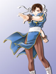 Rule 34 | 1girl, bad id, bad pixiv id, boots, bracelet, brown eyes, brown hair, bun cover, capcom, china dress, chinese clothes, chun-li, double bun, dress, highres, jewelry, pantyhose, pelvic curtain, solo, spiked bracelet, spikes, street fighter, tamamon