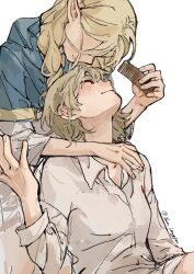 Rule 34 | 2girls, blonde hair, blue capelet, braid, capelet, chinese commentary, closed mouth, collared shirt, comb, commentary request, dungeon meshi, falin touden, falin touden (tallman), hand on another&#039;s arm, highres, holding, holding comb, light brown hair, long hair, long sleeves, marcille donato, multiple girls, parted lips, shirt, short hair, simple background, single braid, smile, twitter username, white background, white shirt, yanlingjinshilihuahua, yuri