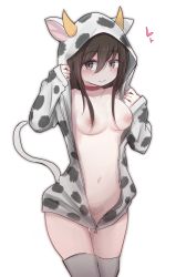 Rule 34 | 1girl, absurdres, animal costume, animal ears, animal hood, animal print, blush, breasts, brown eyes, brown hair, closed mouth, collar, collarbone, commentary request, cow costume, cow ears, cow hood, cow print, cow tail, cowboy shot, fake animal ears, fake horns, fake tail, female pubic hair, grey thighhighs, hair between eyes, hands up, heart, highres, hood, hood up, horns, jacket, long hair, long sleeves, looking at viewer, medium breasts, naked jacket, navel, nipples, no panties, original, pink collar, pubic hair, simple background, solo, tail, thighhighs, tori (eherotori), white background