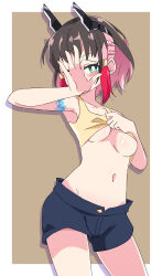 Rule 34 | 1girl, absurdres, arched back, armpits, azure striker gunvolt, azure striker gunvolt 3, bare shoulders, black hair, blush, body markings, breasts, brown hair, buzzlyears, clothes lift, collarbone, denim, denim shorts, fellatio gesture, female focus, green eyes, groin, hair ornament, hand on own chest, highres, horns, kirin (gunvolt), legs, looking at viewer, multicolored hair, navel, pink hair, presenting, red hair, removing shirt, shirt lift, short hair, short shorts, shorts, sidelocks, simple background, sleeveless, small breasts, solo, standing, tank top, thighs, underboob, undressing, yellow tank top