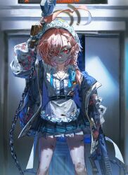 Rule 34 | 1girl, ahoge, apron, asymmetrical bangs, blood, blood on clothes, blood on face, blood on leg, blue archive, braid, breasts, center frills, chain, collarbone, dirty, dirty clothes, elevator, feet out of frame, frills, gun, halo, highres, holding, holding gun, holding weapon, injury, jacket, light smile, looking at viewer, maid, maid headdress, mole, mole under eye, neck ribbon, neru (blue archive), open collar, pink hair, pleated skirt, quasarcake, red eyes, serious, shirt, single braid, skirt, small breasts, solo, sukajan, undone neck ribbon, waist apron, weapon, white shirt