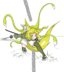Rule 34 | 2girls, absurdres, animal ears, baby, bamboo, blonde hair, blush, commentary request, cutting, doitsuken, closed eyes, fighting stance, fox ears, fox tail, green legwear, highres, holding, holding sword, holding weapon, katana, legs apart, long sleeves, looking at viewer, multiple girls, multiple tails, original, pacifier, prehensile tail, scabbard, sheath, shoes, short hair, shorts, simple background, slashing, slit pupils, sword, tail, thighhighs, unsheathed, weapon, white background, yellow eyes