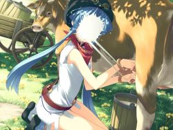 Rule 34 | 00s, 1girl, animal, belt, blue hair, bracelet, breasts, bucket, collar, cow, day, dress, failure, flower, furudera naru, game cg, grass, hand milking, hat, in the face, jewelry, kneeling, llyr, long hair, looking at viewer, looking to the side, milk, neckerchief, outdoors, shoes, solo focus, tears to tiara, thighs, udder, wagon, what, you&#039;re doing it wrong