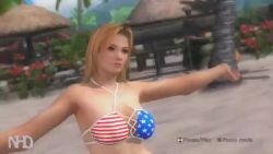 Rule 34 | 1girl, 3d, american flag bikini, animated, ass, beach, bikini, blonde hair, blue eyes, breasts, butt crack, dead or alive, dead or alive 5, dead or alive 5 last round, exercising, flag print, grabbing own breast, lying, navel, palm tree, sand, sound, swimsuit, tagme, tina armstrong, tree, video