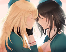 Rule 34 | 10s, 2girls, ascot, atago (kancolle), beret, black gloves, black hair, blonde hair, closed eyes, gloves, gradient background, grin, hand on another&#039;s cheek, hand on another&#039;s face, hat, kantai collection, long hair, multiple girls, short hair, smile, sui (camellia), takao (kancolle), upper body, yuri