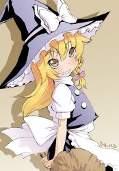 Rule 34 | 1girl, apron, black hat, black skirt, black vest, blonde hair, blush, bow, broom, brown background, buttons, commentary request, cowboy shot, dated, drop shadow, flat chest, frilled apron, frills, grin, hair bow, hat, hat bow, highres, kei jiei, kirisame marisa, long hair, looking at viewer, one-hour drawing challenge, pink bow, puffy short sleeves, puffy sleeves, shirt, short sleeves, simple background, skirt, smile, solo, touhou, vest, waist apron, white apron, white bow, white shirt, witch hat, yellow eyes