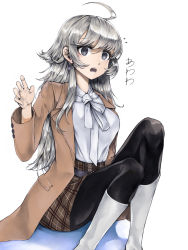 Rule 34 | 1girl, @ @, ahoge, black pantyhose, boots, brown coat, brown skirt, casual, coat, feet out of frame, grey eyes, grey hair, kantai collection, kurou (bcrow), long hair, looking at viewer, official alternate costume, open mouth, pantyhose, plaid, plaid skirt, shirt, simple background, sitting, skirt, solo, washington (kancolle), white background, white footwear, white shirt