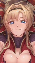Rule 34 | 1girl, armor, armpits, arms up, blonde hair, blue eyes, braid, breasts, cleavage, closed mouth, elbow gloves, gauntlets, gloves, granblue fantasy, hair intakes, hairband, highres, large breasts, long hair, looking at viewer, lying, on back, red armor, sidelocks, smile, tekkai blade, twintails, zeta (granblue fantasy)