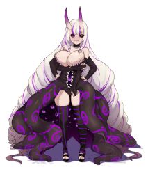Rule 34 | 1girl, absurdly long hair, absurdres, asymmetrical legwear, bare shoulders, black nails, black sclera, black thighhighs, blue eyes, breasts, cleavage, colored sclera, commission, crossed arms, demon, extra arms, extra mouth, extra pupils, full body, hands on own hips, heterochromia, highres, horns, large breasts, long hair, malice (worstwarlock), monster girl, multicolored hair, nail polish, original, purple eyes, purple hair, purple thighhighs, red eyes, sandals, skin-covered horns, solo, standing, streaked hair, striped clothes, striped thighhighs, tentacles, thighhighs, todding, vertical-striped clothes, vertical-striped thighhighs, very long hair, white background, white hair