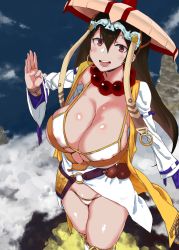 Rule 34 | 1girl, :d, bad id, bad pixiv id, bikini, blush, breasts, brown hair, cleavage, covered erect nipples, fate/grand order, fate (series), gomu (chewinggom), hat, highres, huge breasts, jewelry, long hair, looking at viewer, necklace, open mouth, purple eyes, smile, solo, swimsuit, teeth, white bikini, xuangzang sanzang (fate)