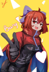 Rule 34 | 1girl, absurdres, black bodysuit, bodysuit, bow, cape, cloak, commentary, english text, finger gun, hair bow, heart, highres, open mouth, red cape, red cloak, red eyes, red hair, ribbon-trimmed bow, rock &#039;n&#039; rock &#039;n&#039; beat, sekibanki, touhou, two-sided cape, two-sided fabric, two-tone cape, vanilla flan, zipper