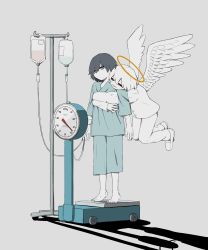 Rule 34 | 2boys, absurdres, angel wings, avogado6, barefoot, black hair, blue eyes, blue pants, blue shirt, evil smile, feathered wings, flying, grey background, halo, highres, hospital gown, hug, hug from behind, intravenous drip, male focus, multiple boys, pants, red eyes, shirt, simple background, smile, standing, tiptoes, weighing scale, white wings, wings